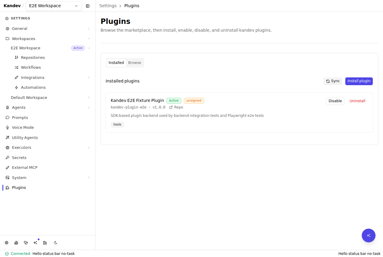 The Settings > Plugins page listing an installed, active plugin with its category, an unsigned badge, and Disable/Uninstall actions.